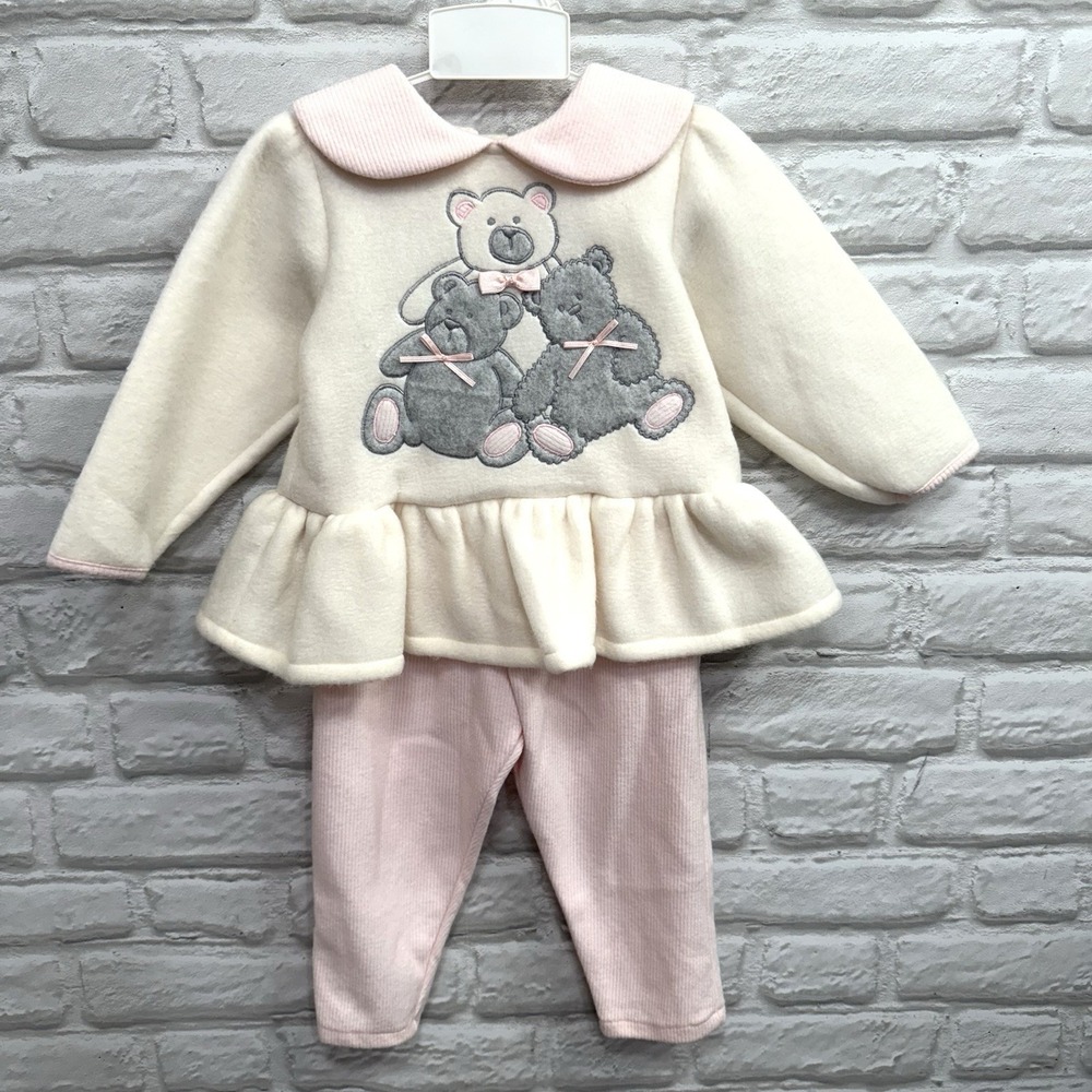 Vtg Little By Little Toddler Girls 2T Pink Teddy Bear Fleece Sweater Pants Set